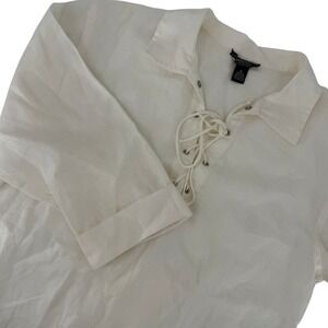 American Living Women Cream 100% Linen Lace Up Nautical Anchor Tunic Top Small